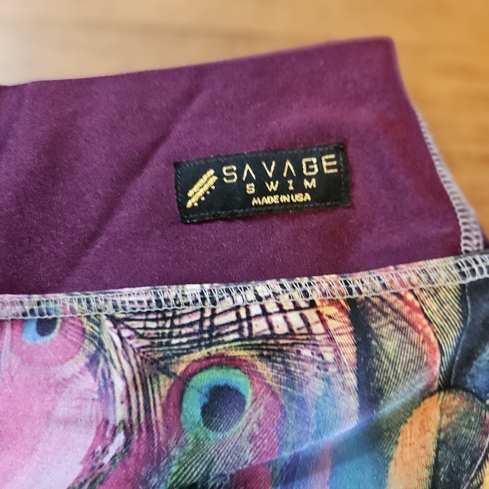 Savage Swim Bikini Bottom Shorts Purple Peacock Print Size Small Beach Festival - Picture 3 of 6